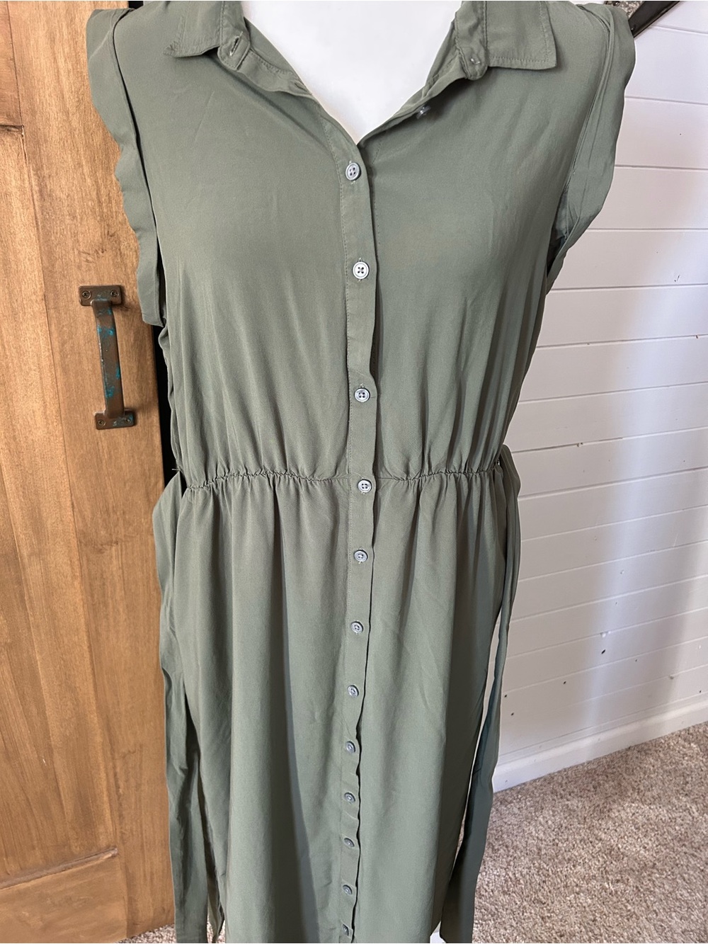 Sz L Banana Republic Sleeveless Olive Midi Shirt Dress button down w/ Waist Tie - Picture 3 of 7